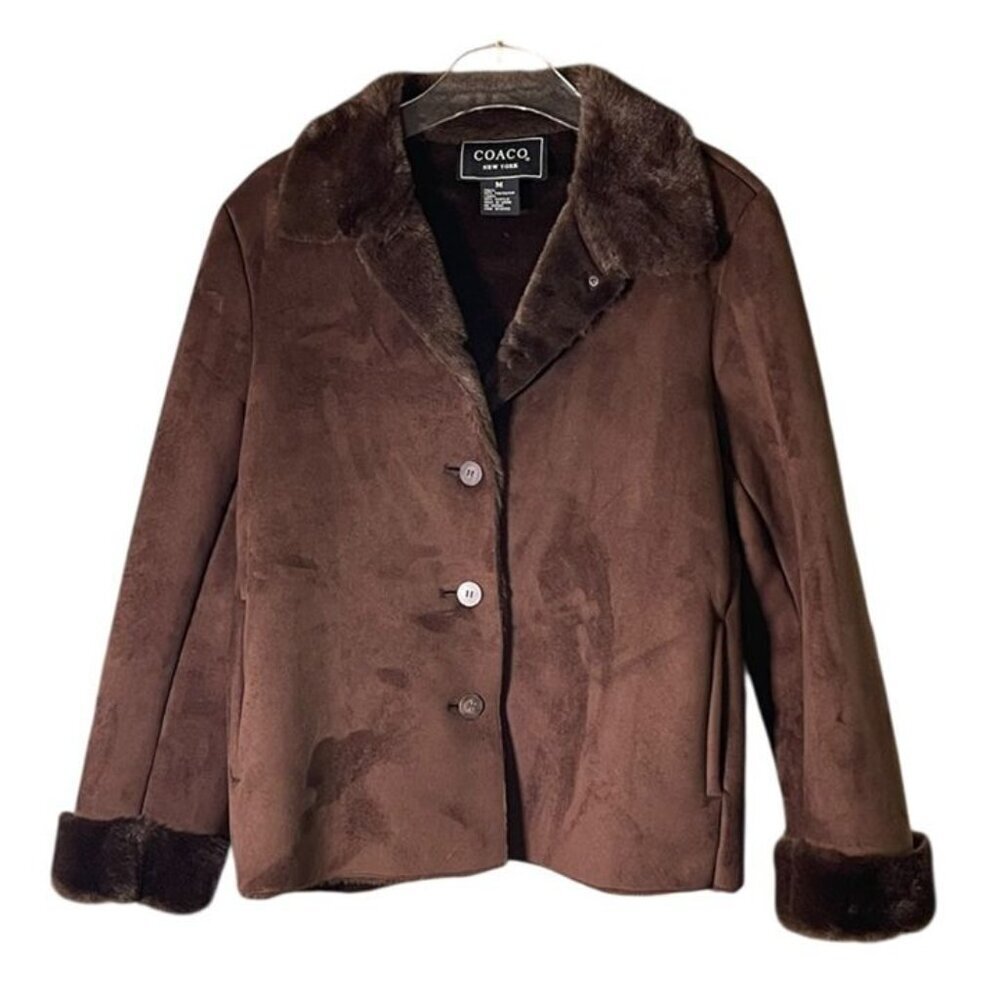 COACO New York Faux Suede Coat with Faux Fur Trim – Size Medium